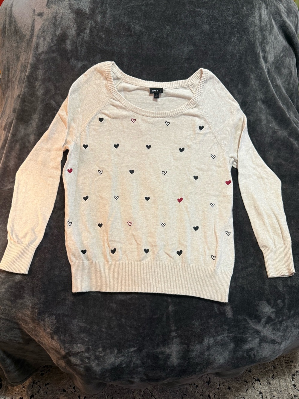 torrid Cream Sweater with Black & Red Heart Print